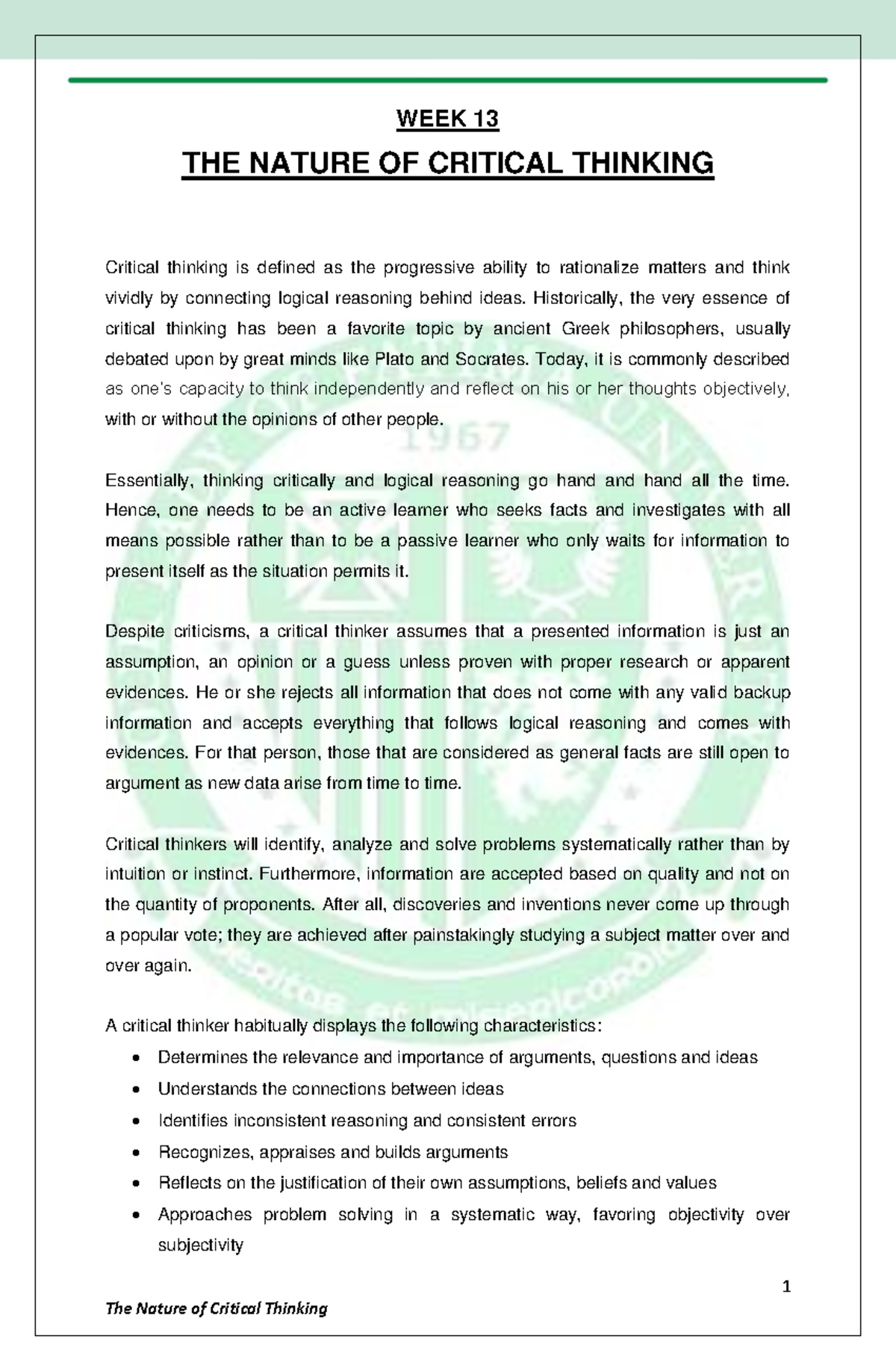 Week 13: The Nature of Critical Thinking and Its Essential Skills - Studocu