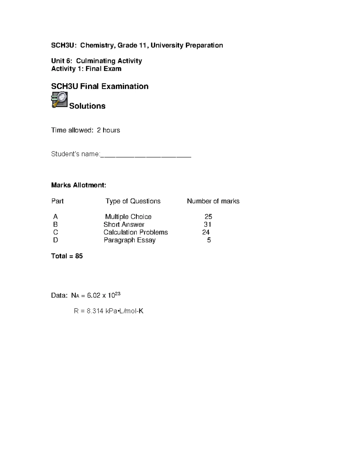 SCH3U Final Exam Review Questions for Units 1-6 - Studocu