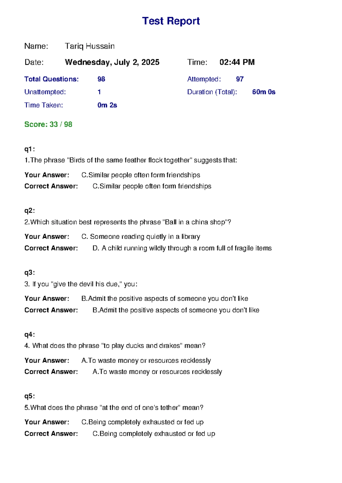 Test Report: Tariq - Quiz Results and Analysis - Studocu