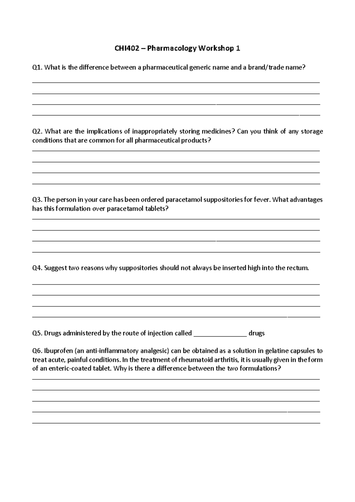 CHI402 Pharmacology Workshop 1: Key Questions & Insights - Studocu