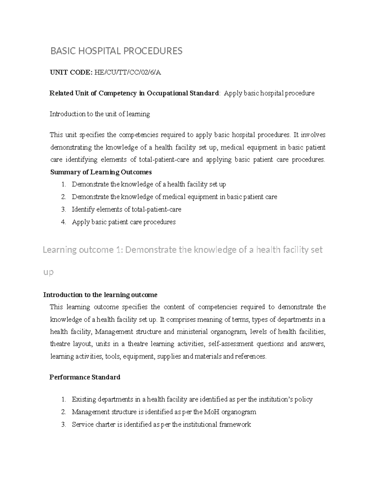 Basic Hospital Procedures: HE/CU/TT/CC/02/6/A Unit Overview - Studocu