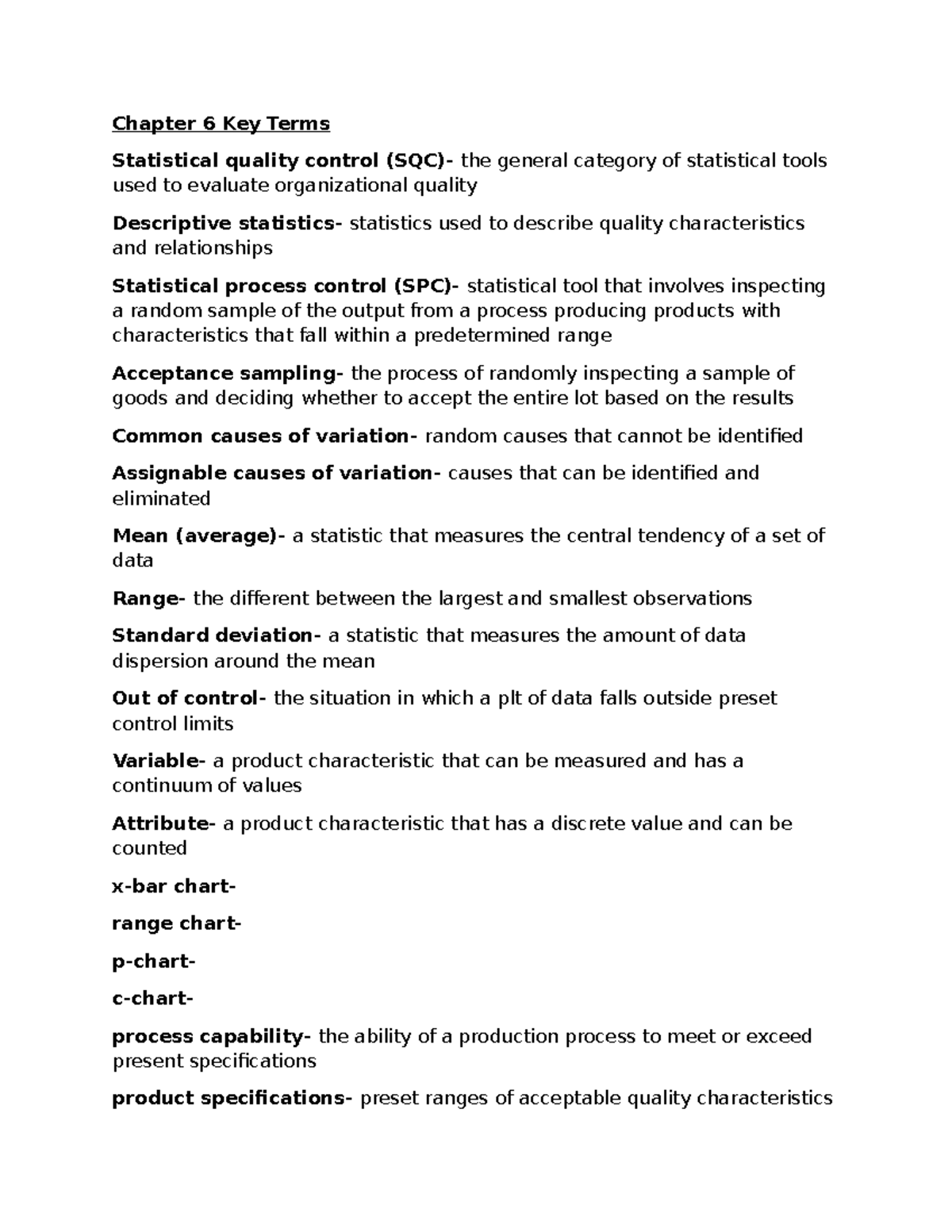 Chapter 6 Key Terms: Statistical Quality Control & Descriptive Stats ...
