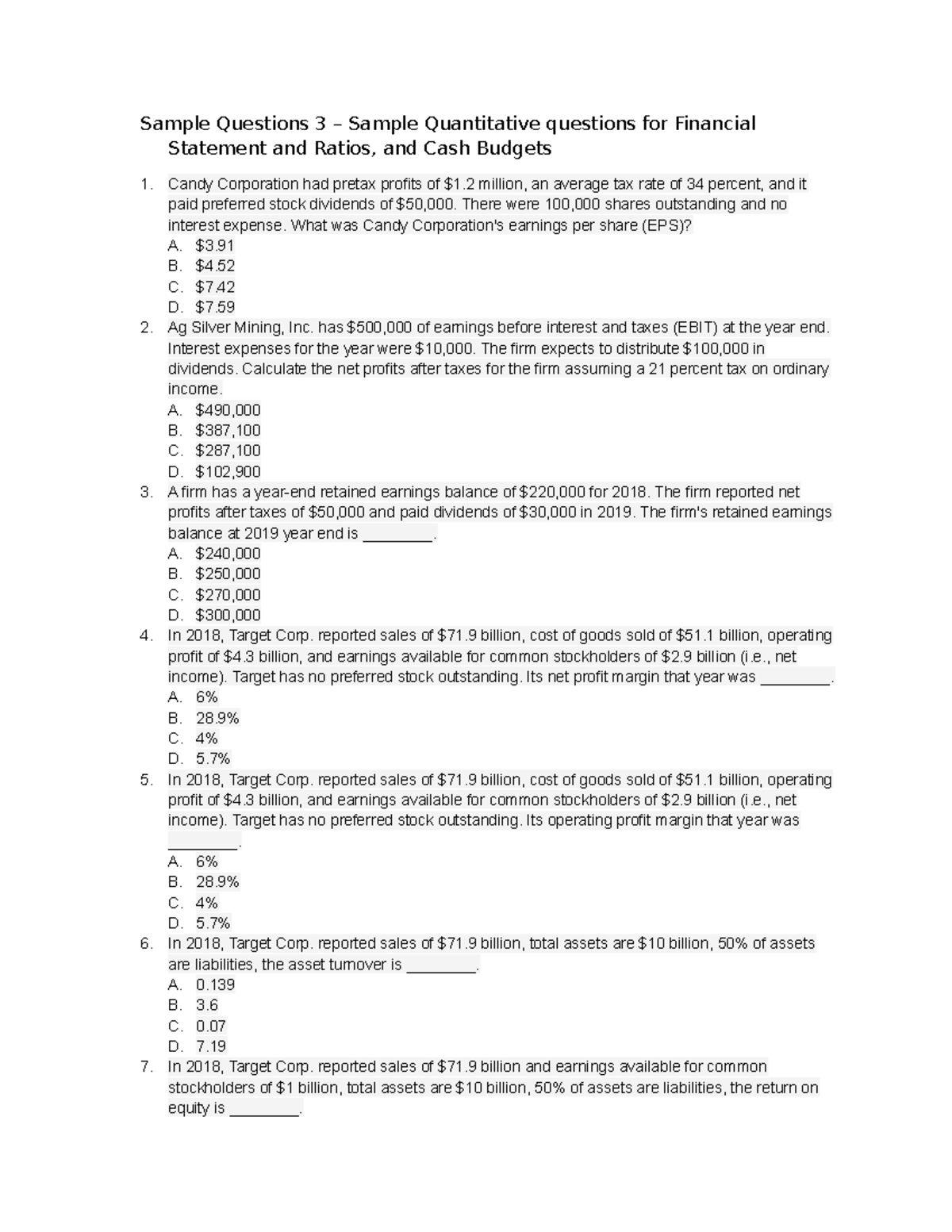 Sample Questions 3 - Quantitative Finance Practice (FIN101) - Studocu