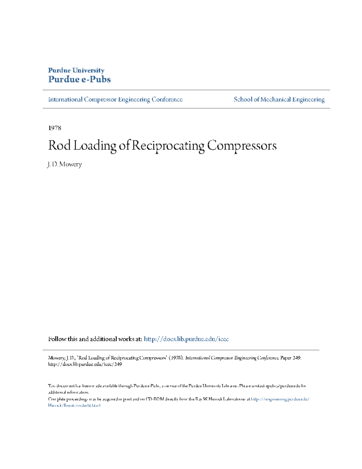 Rod Loading in Reciprocating Compressors: Insights from Purdue ...