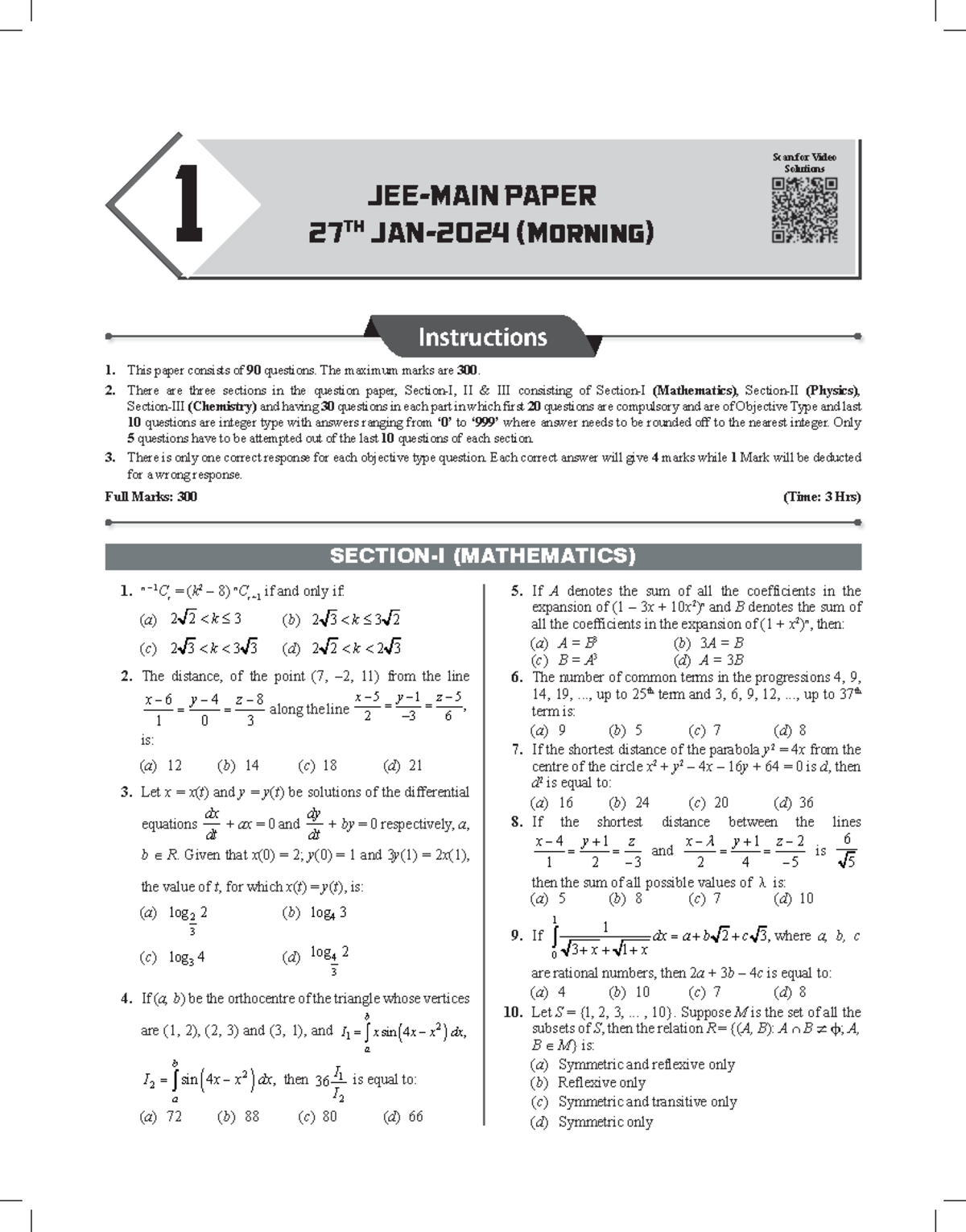 JEE 2024 Papers - All Shifts - n – 1Cr = (k 2 – 8) nCr+ 1 if and only ...