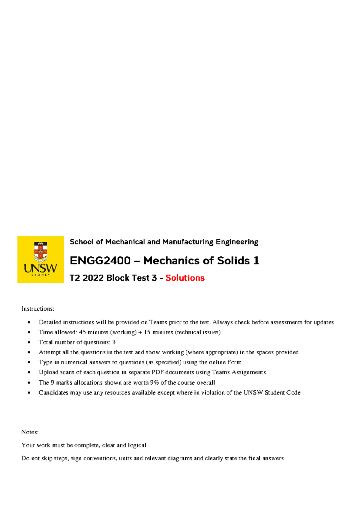 ENGG2400 T2 2022 Final Exam Solutions and Instructions - Studocu