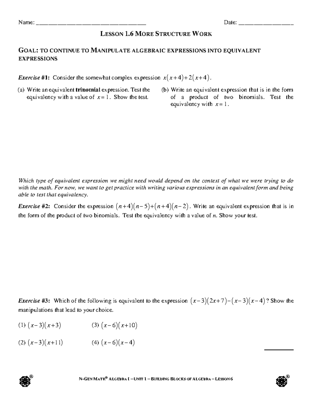 N-GEN MATH® ALGEBRA I – UNIT 1 – LESSON 6: EQUIVALENT EXPRESSIONS - Studocu