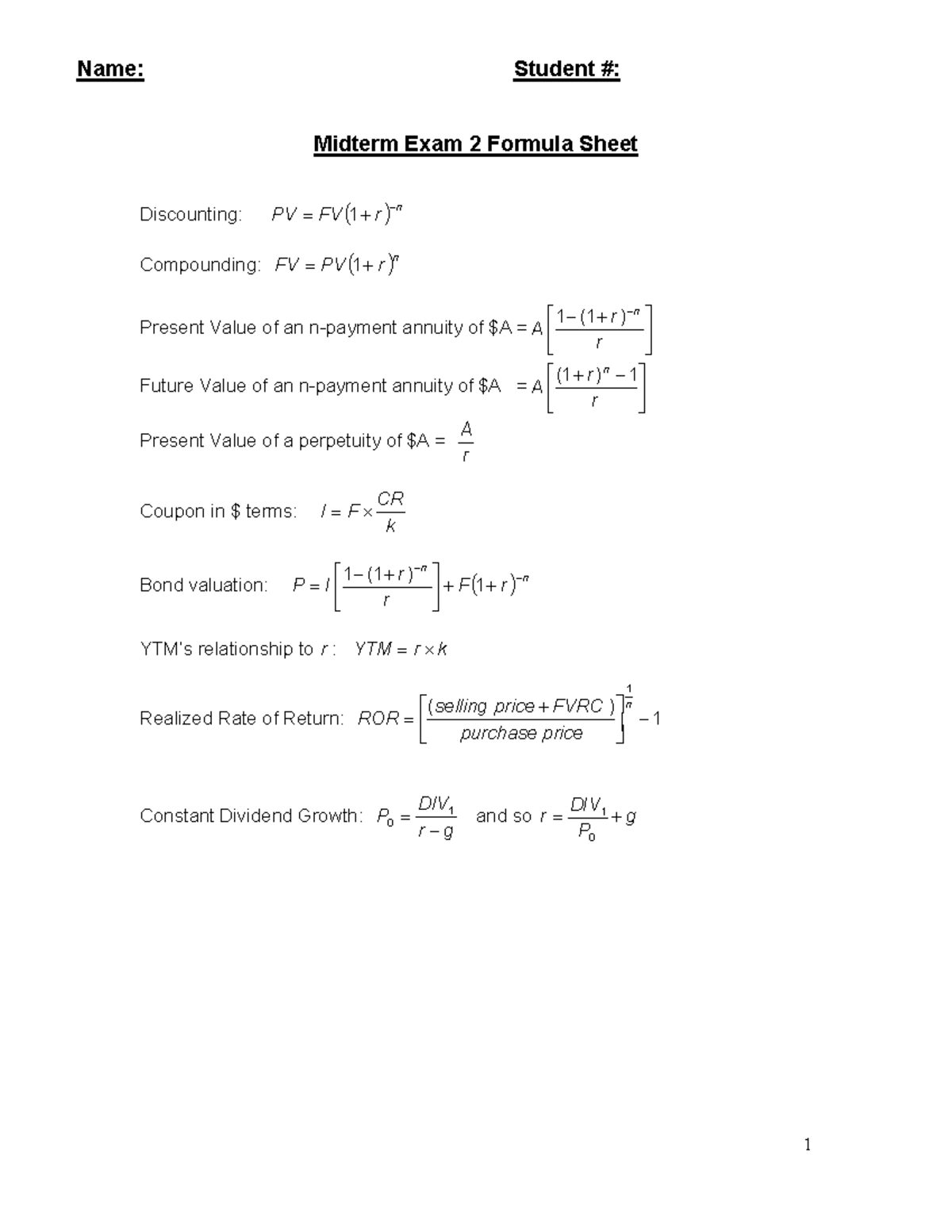 Midterm Exam 2 Formula Sheet for Finance Concepts - Studocu