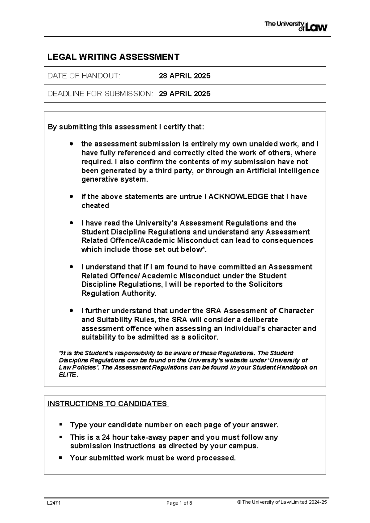 L2471 writ apr25 assessment final - LEGAL WRITING ASSESSMENT DATE OF ...