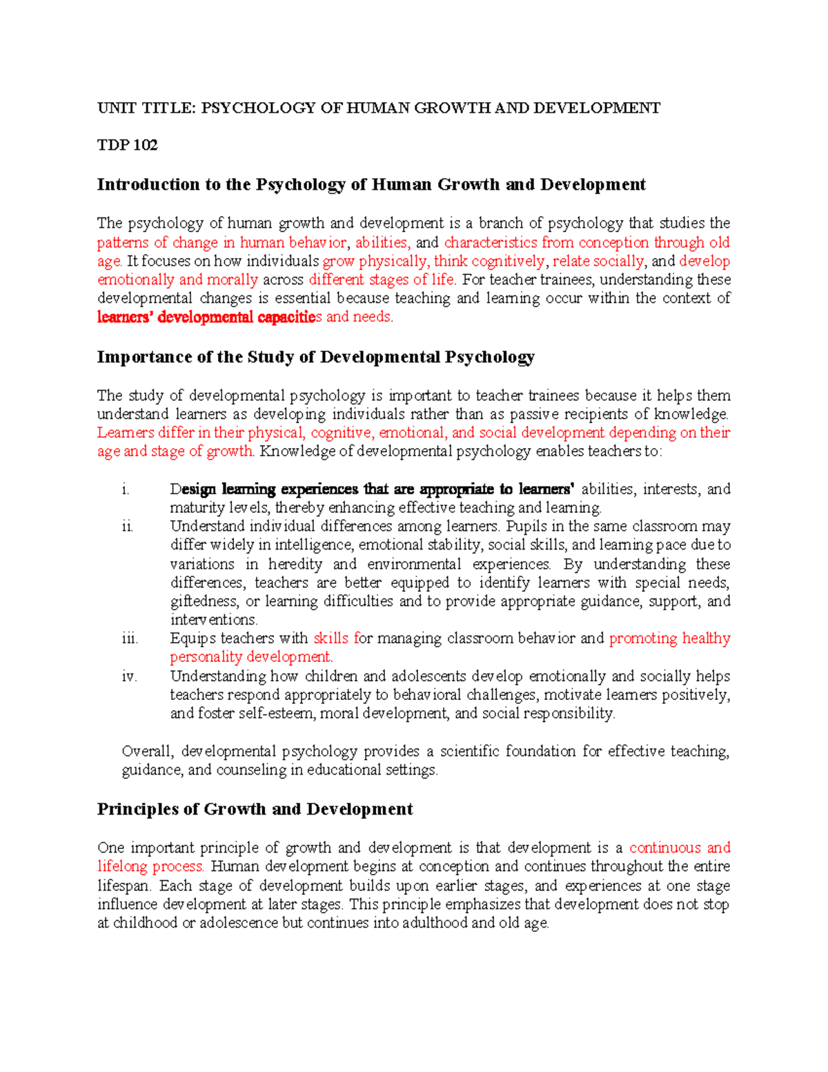 TDP 102: Psychology of Human Growth and Development Notes - Studocu