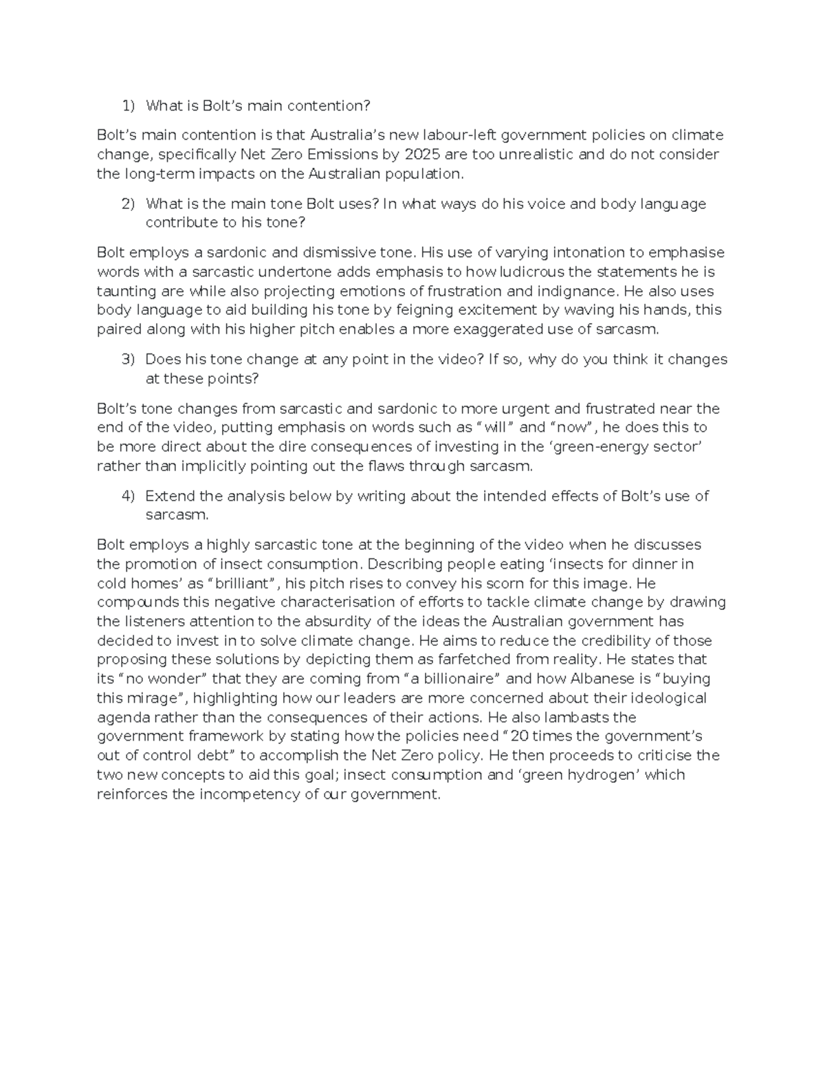 English sarcasm hw task - What is Bolt’s main contention? Bolt’s main ...