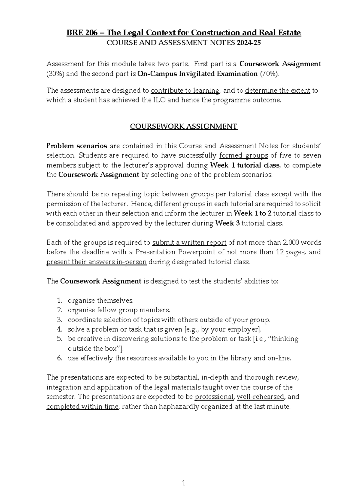 BRE 206 Course and Assessment Overview 2024-25 - Studocu