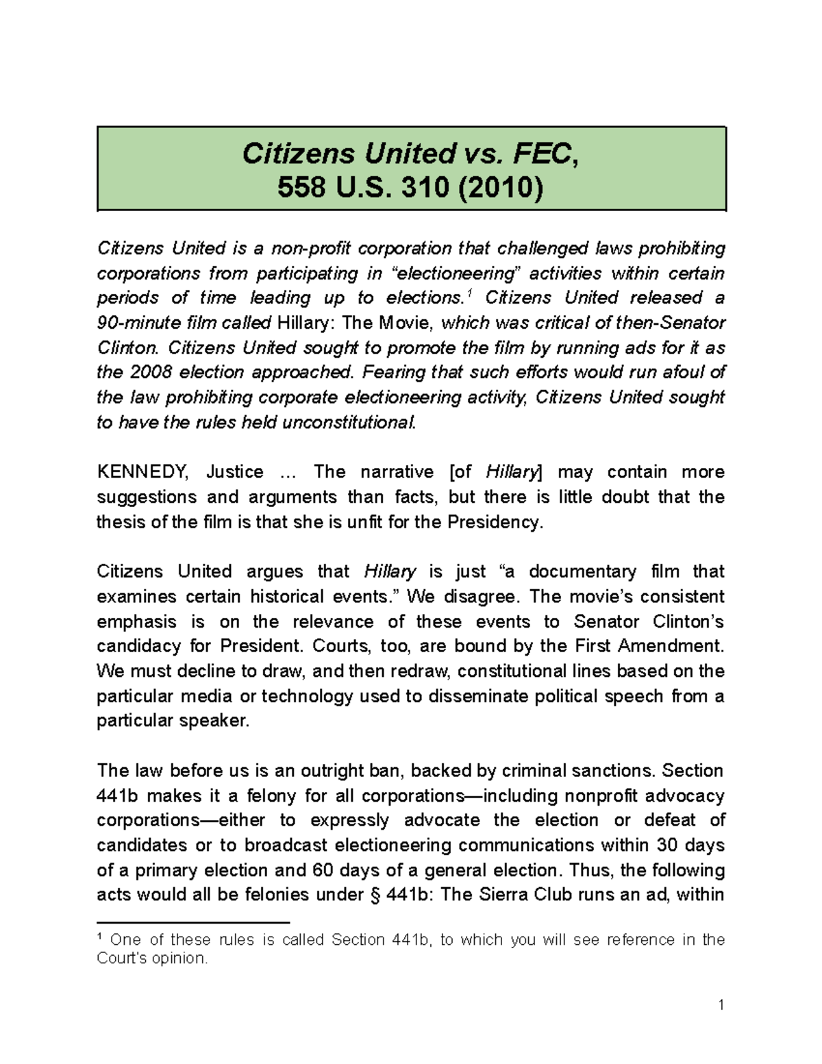 SOL - Reading 04 - Analysis of Citizens United v. FEC (2010) - Studocu