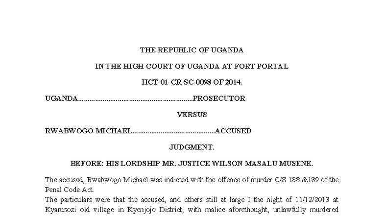 Uganda v Rwabwogo Michael: High Court Judgment on Murder Case 2014 ...