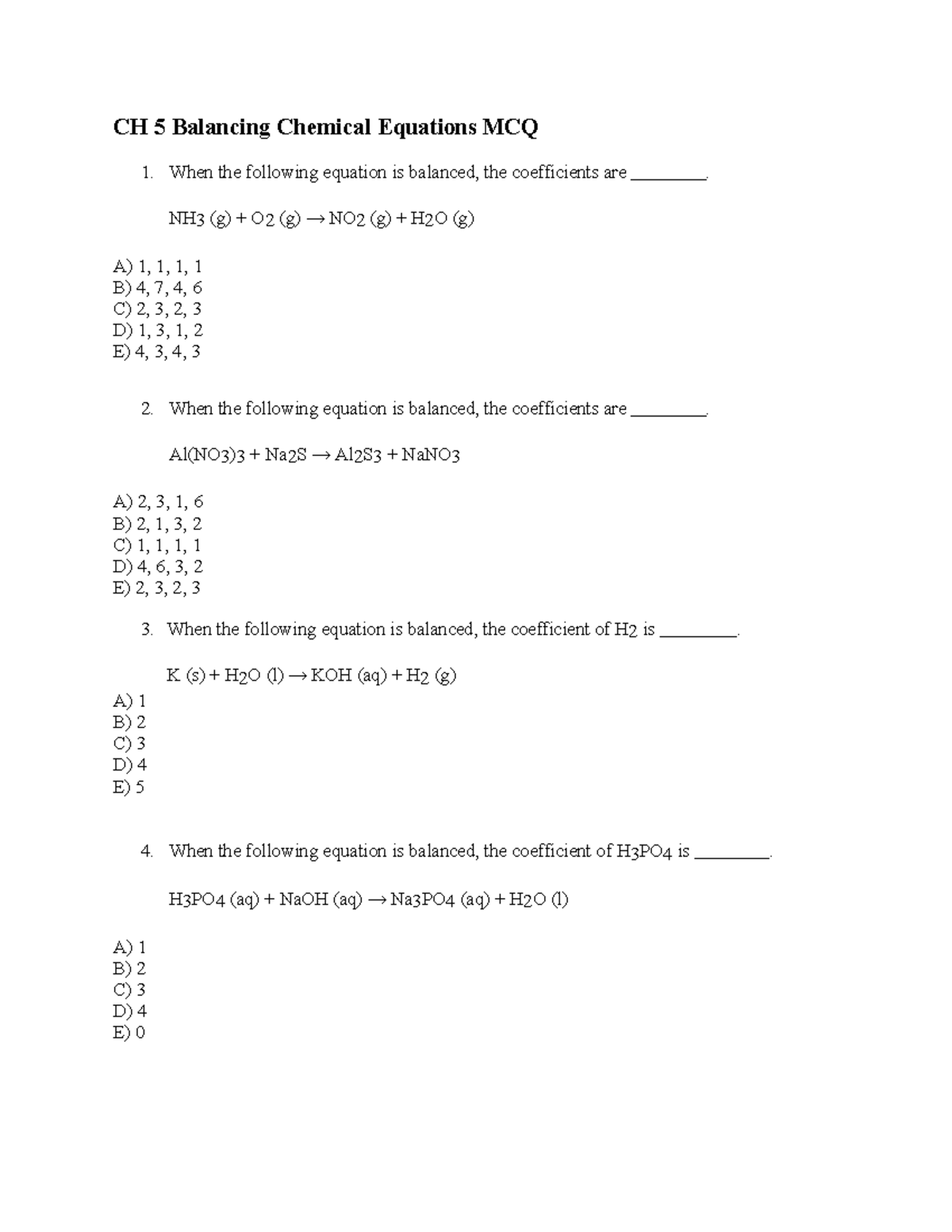 CH 5 Balancing Chemical Equations MCQ Practice Exercises - Studocu