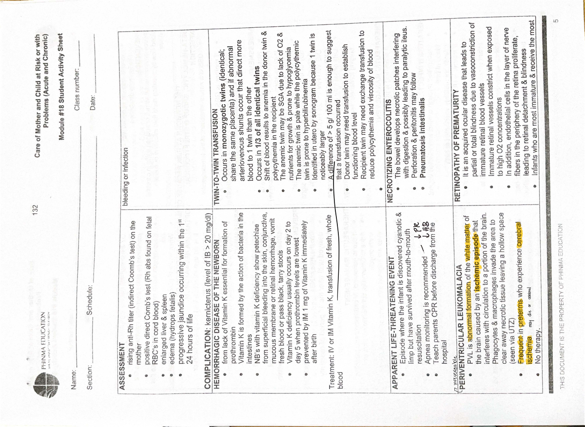 132 PHINMA EDUCATION Care of Mother and Child at Risk: Module Activity ...
