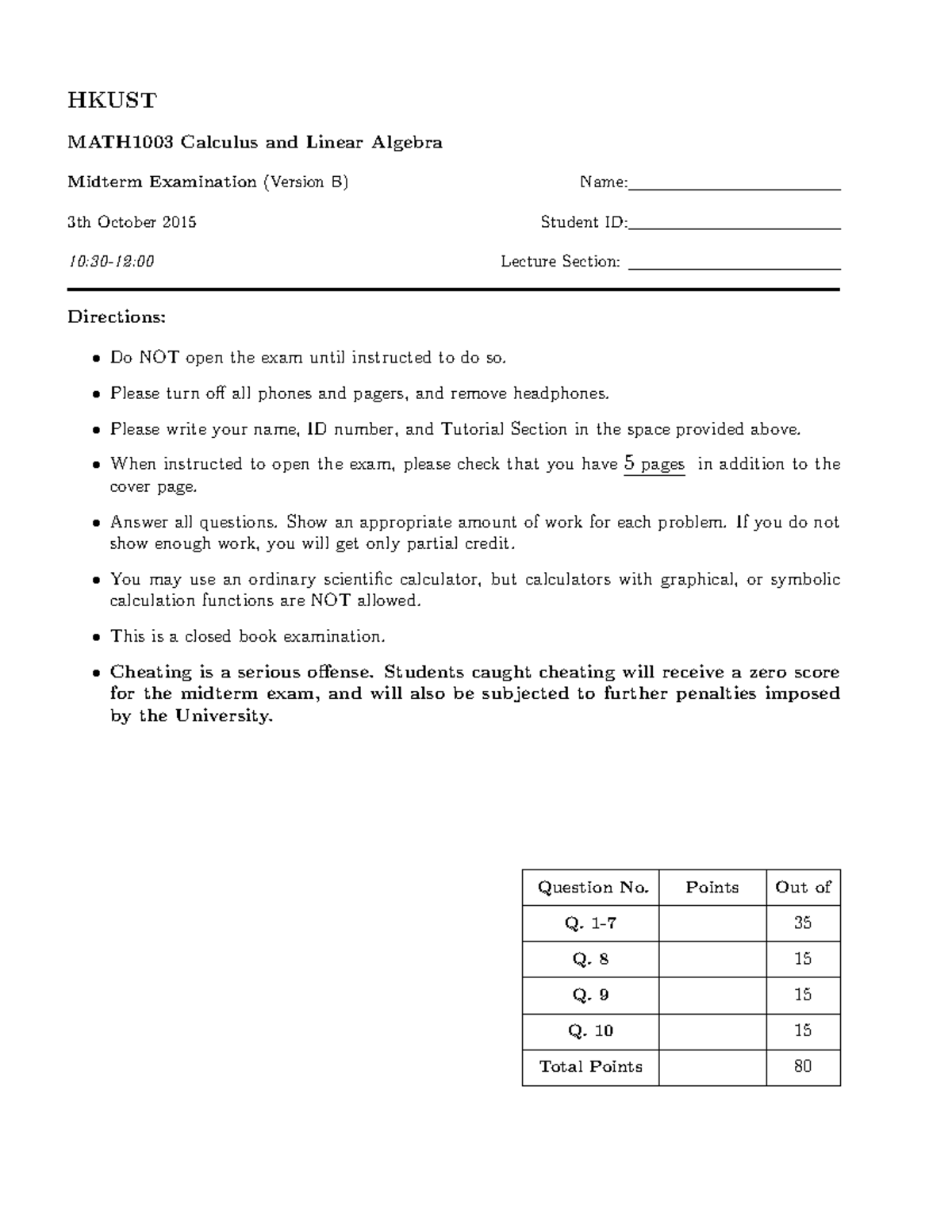 HKUST MATH1003 Calculus & Linear Algebra Midterm Exam (Version B) - Studocu