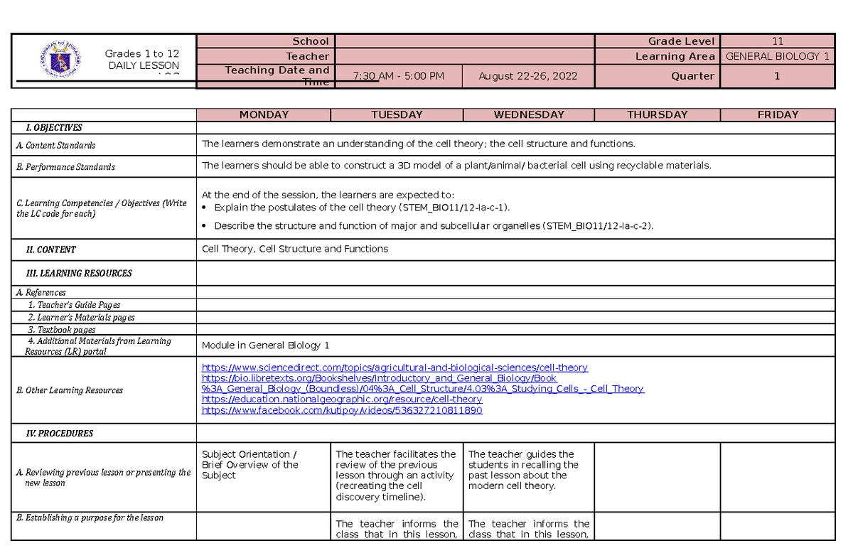 DLL General Biology 1 Quarter 1 Week 1 Lesson Plan (2022-2023) - Studocu