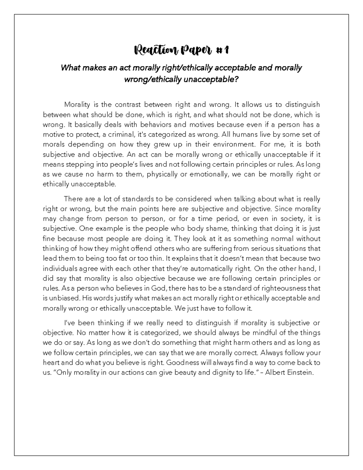 Reaction Paper 1: Understanding Morality - Right vs. Wrong Ethics - Studocu