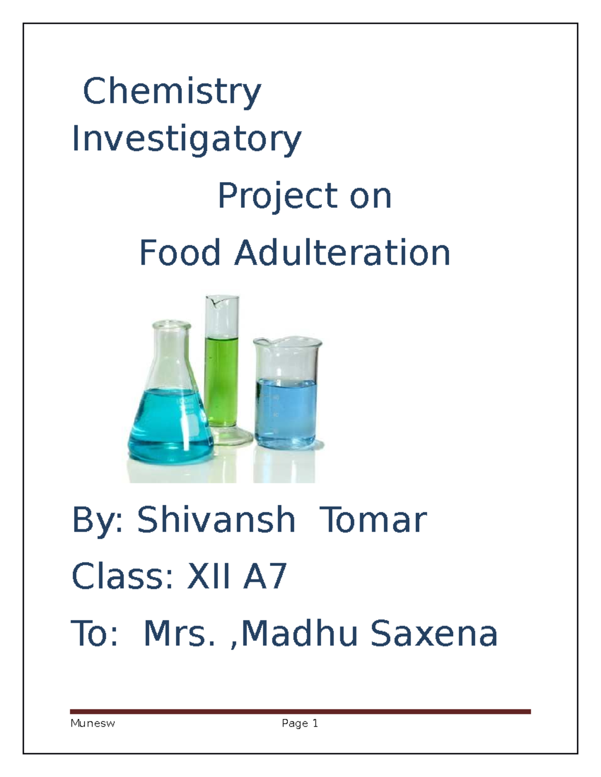 Chemistry Project XII A: Analyzing Food Adulteration Methods - Studocu