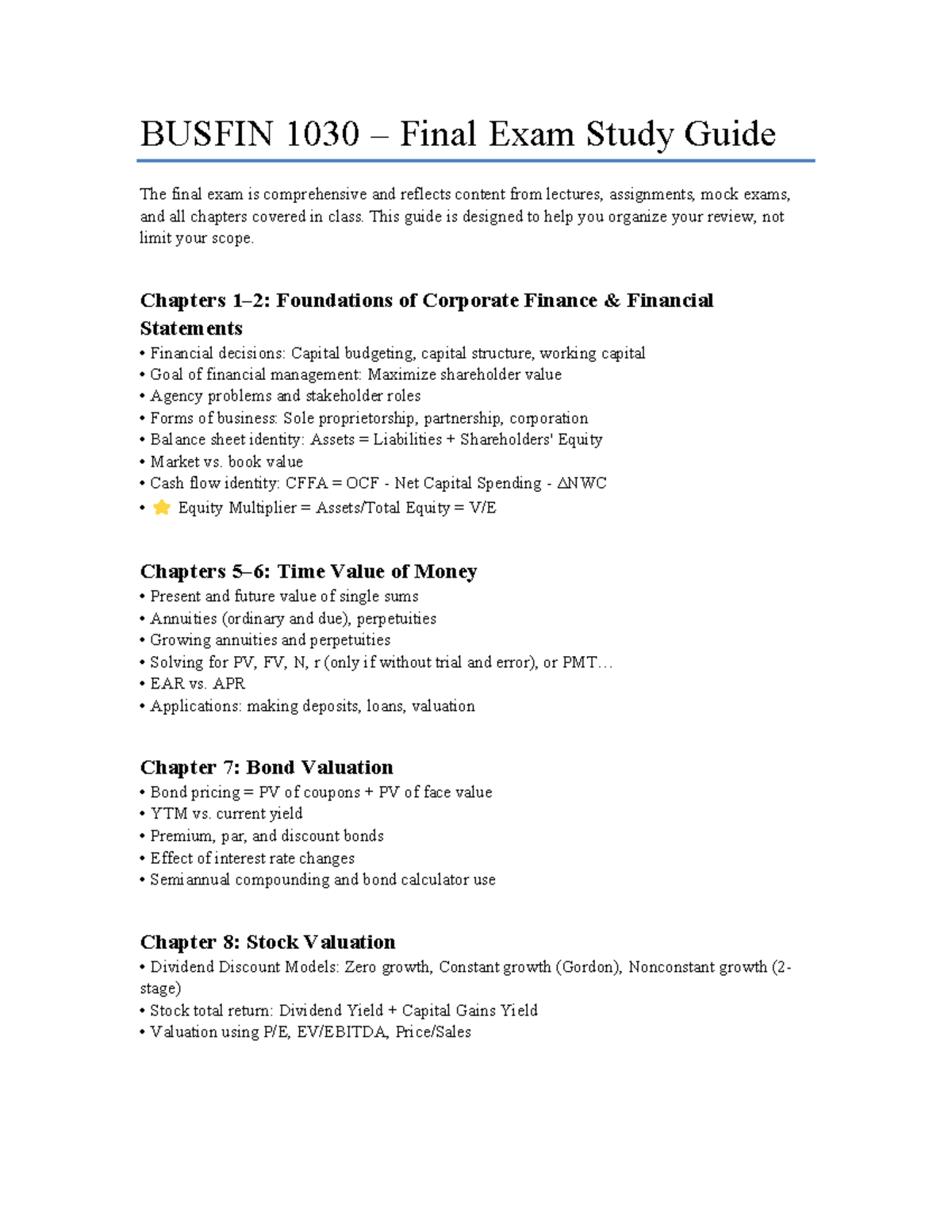 BUSFIN 1030 – Comprehensive Final Exam Study Guide and Review Guide ...