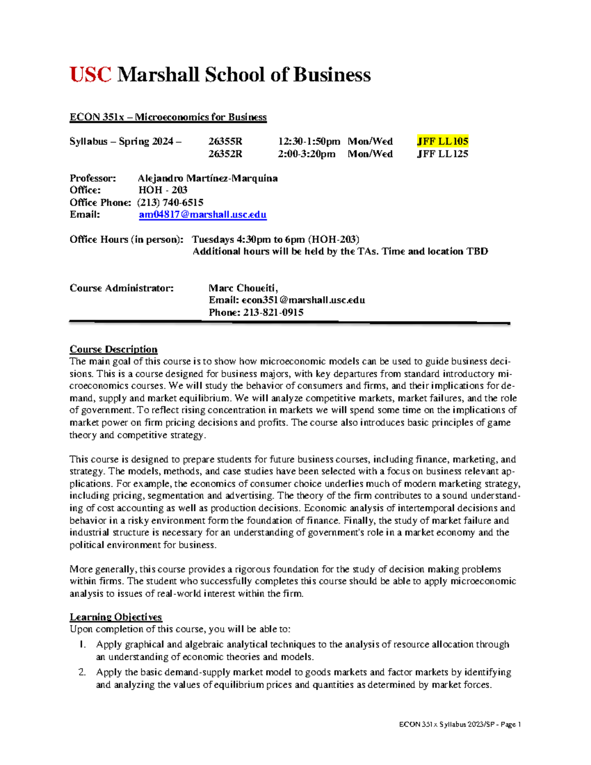 Syllabus for ECON 351x: Microeconomics for Business - Spring 2024 - Studocu