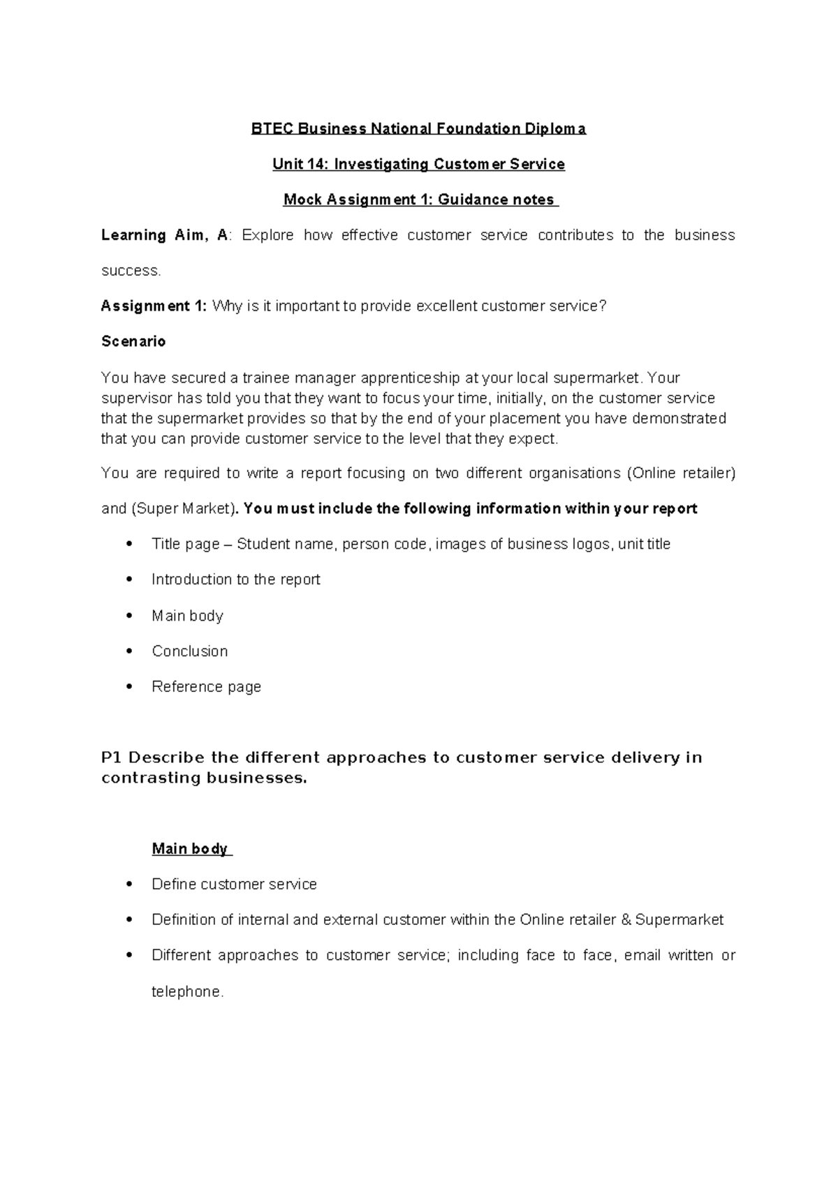 Unit 14 BTEC Business: Mock Assignment 1 Customer Service Guidance ...