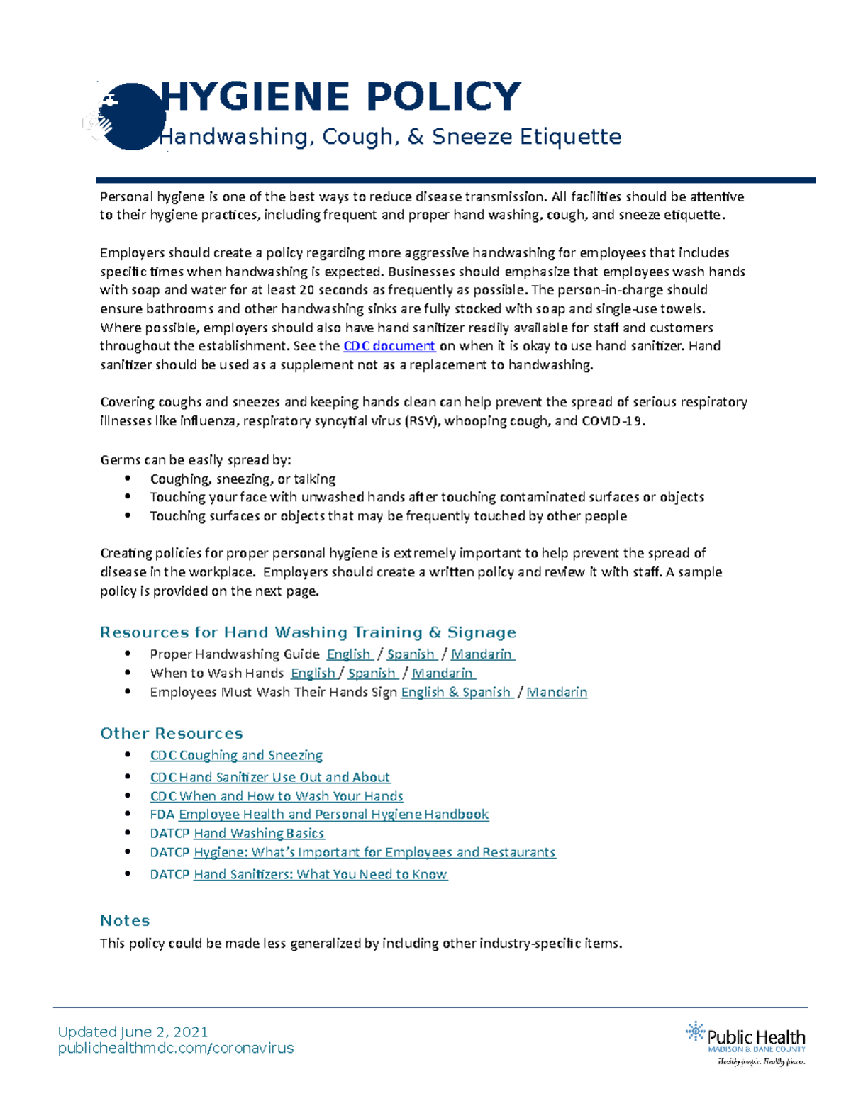 Hygiene Policy Guidelines for Workplace: Handwashing & Sneezing ...