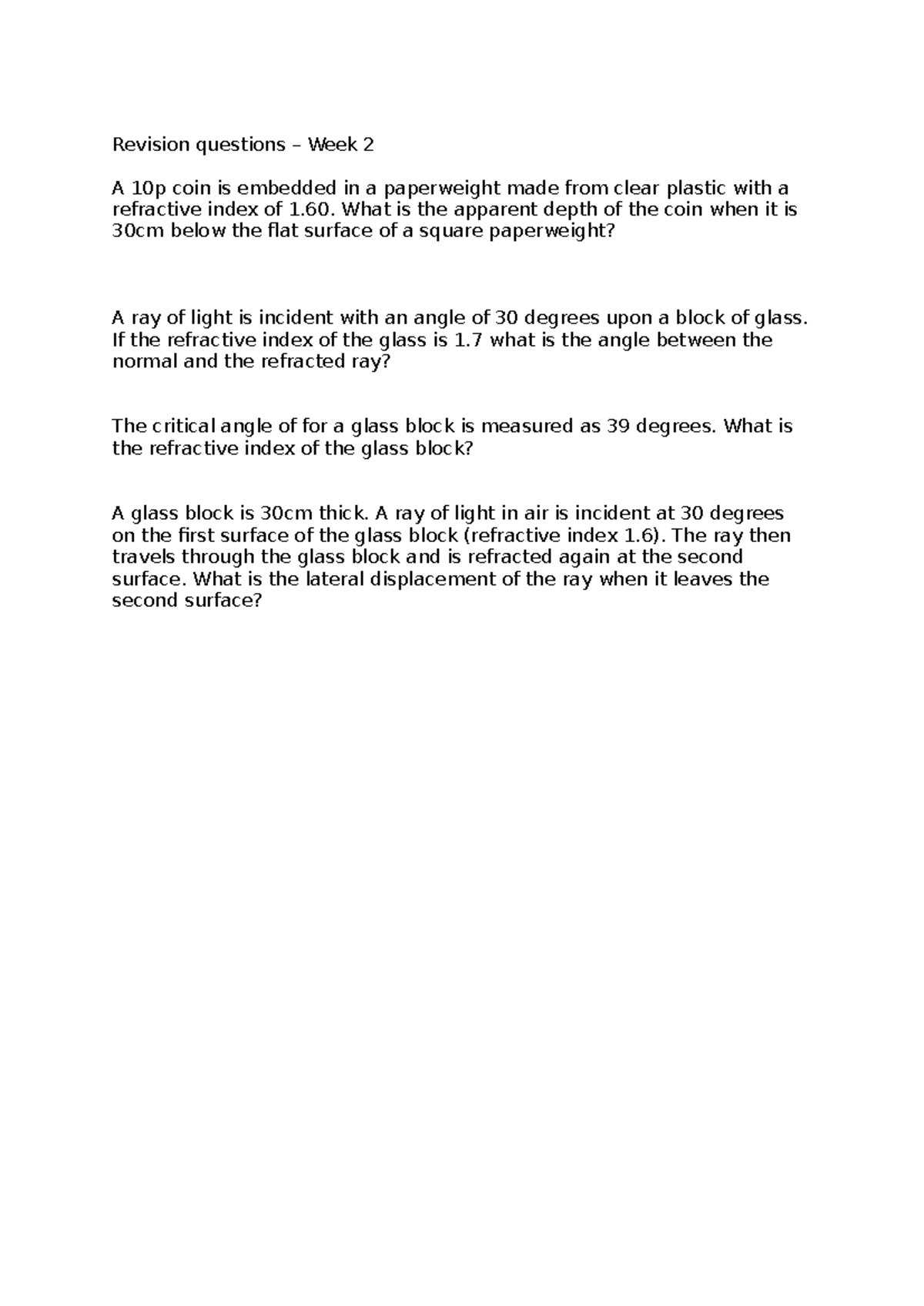 Revision Questions Week 2: Optics and Refraction Concepts - Studocu