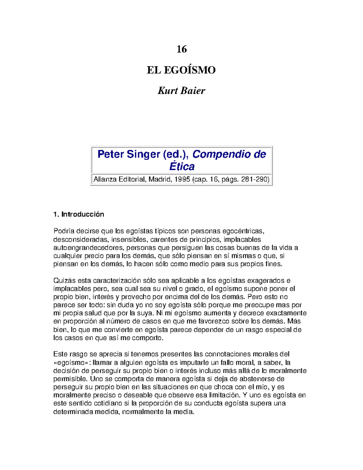 16 EL EGOÍSMO: Análisis Ético de Kurt Baier y Peter Singer - Studocu, image size:1200x1553