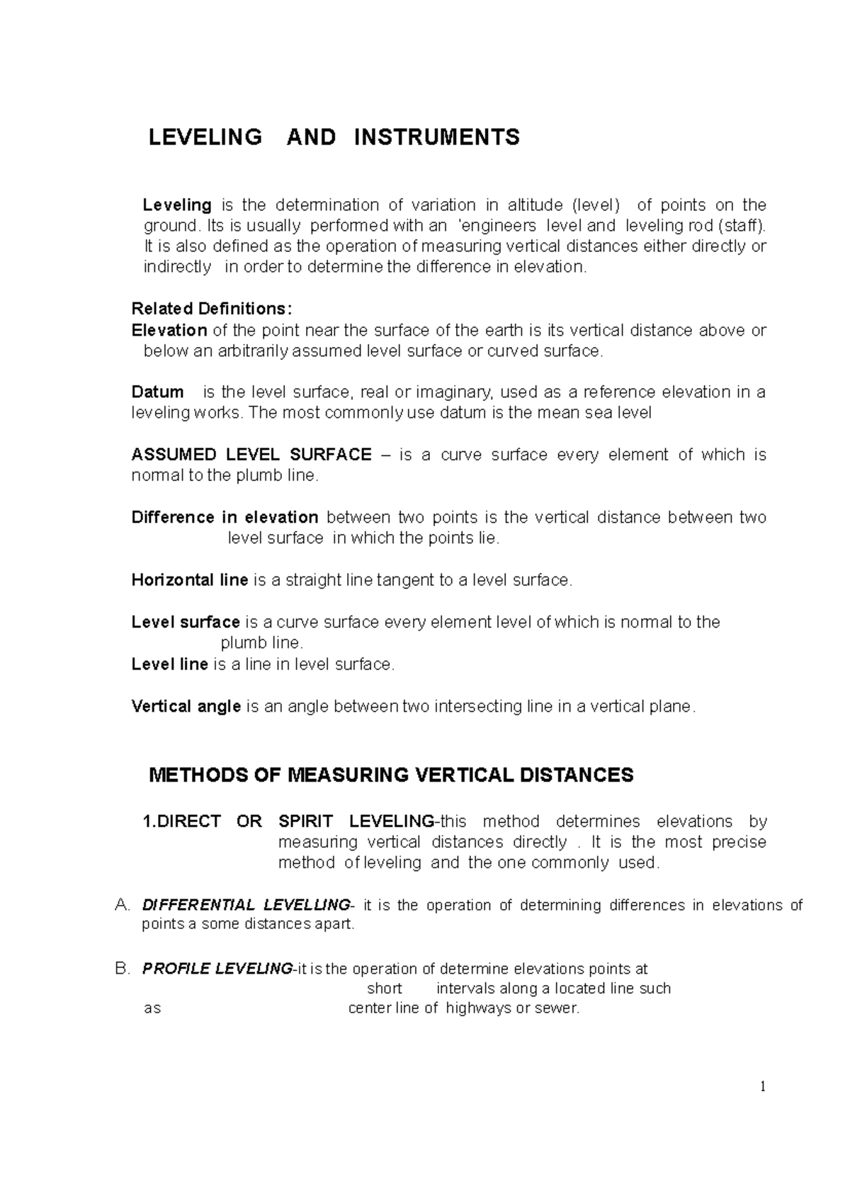 Leveling & Instr - LEVELING AND INSTRUMENTS Leveling is the ...