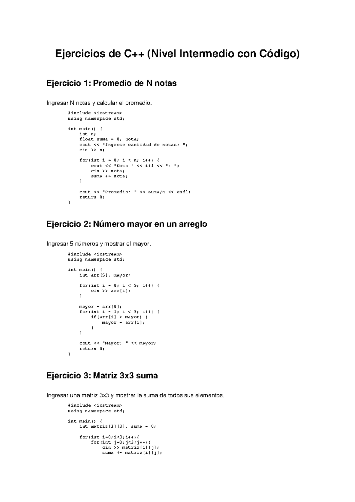 Ejercicios de C++ (Nivel Intermedio) con Código y Soluciones - Studocu