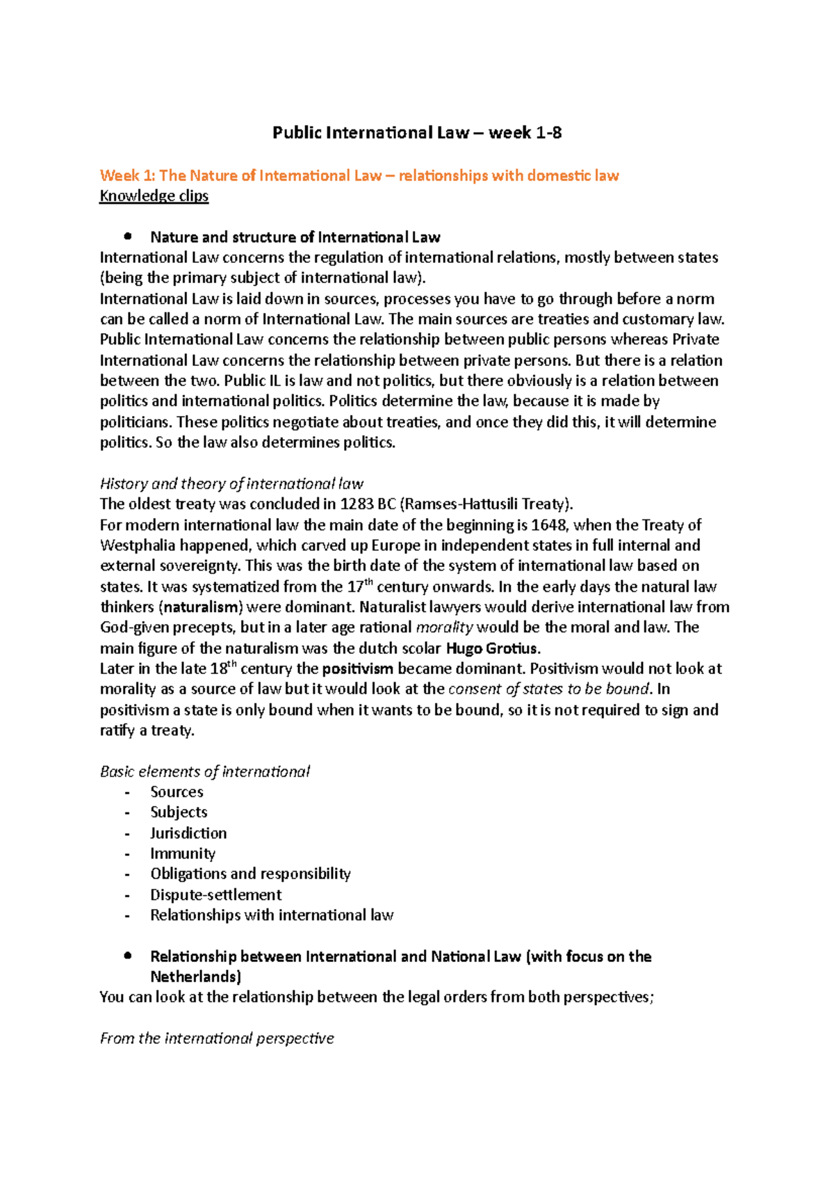 Public International Law Overview: Weeks 1-8 Summary [PIL101] - Studeersnel