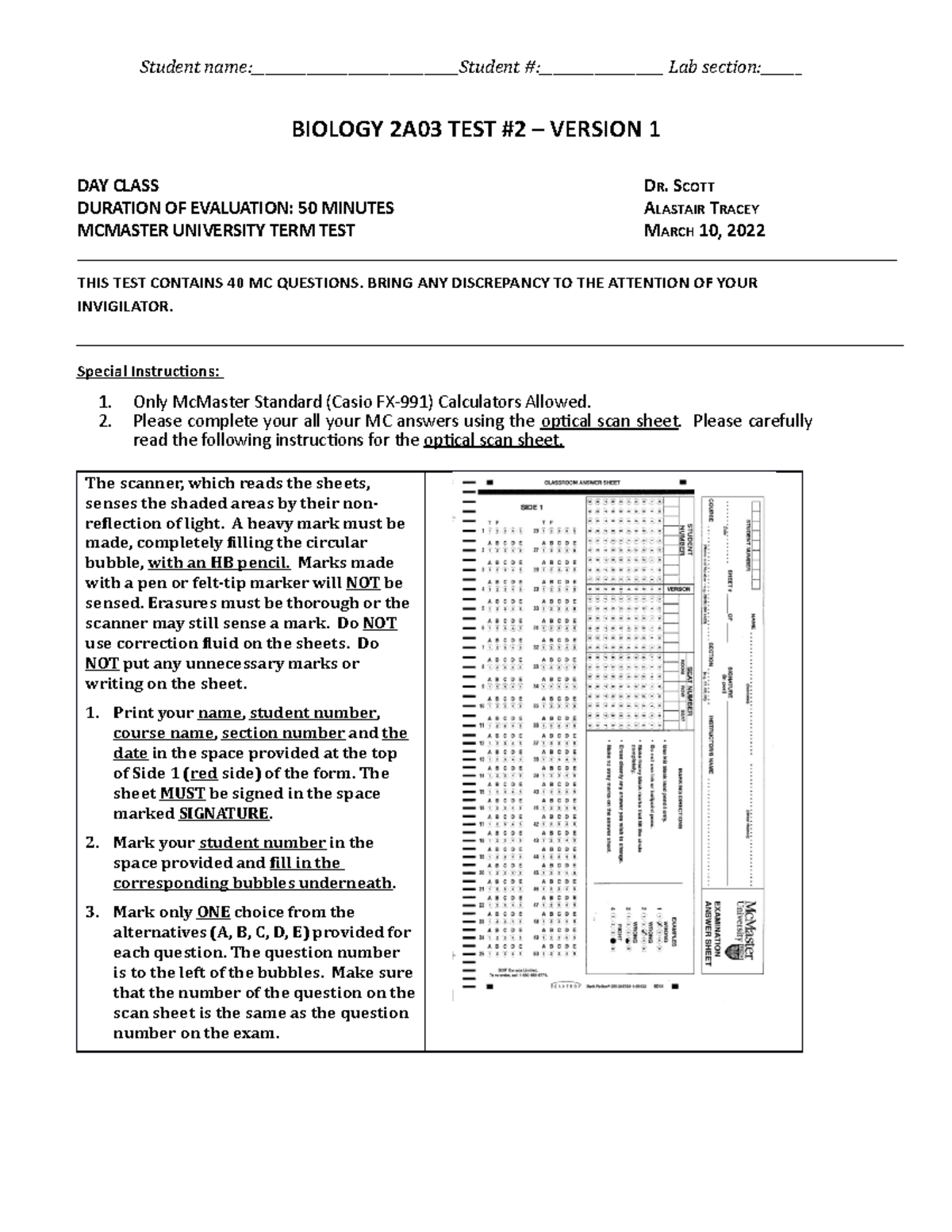 W22 Bio 2A03 Test 2 Version 1 with Answer Key and Instructions