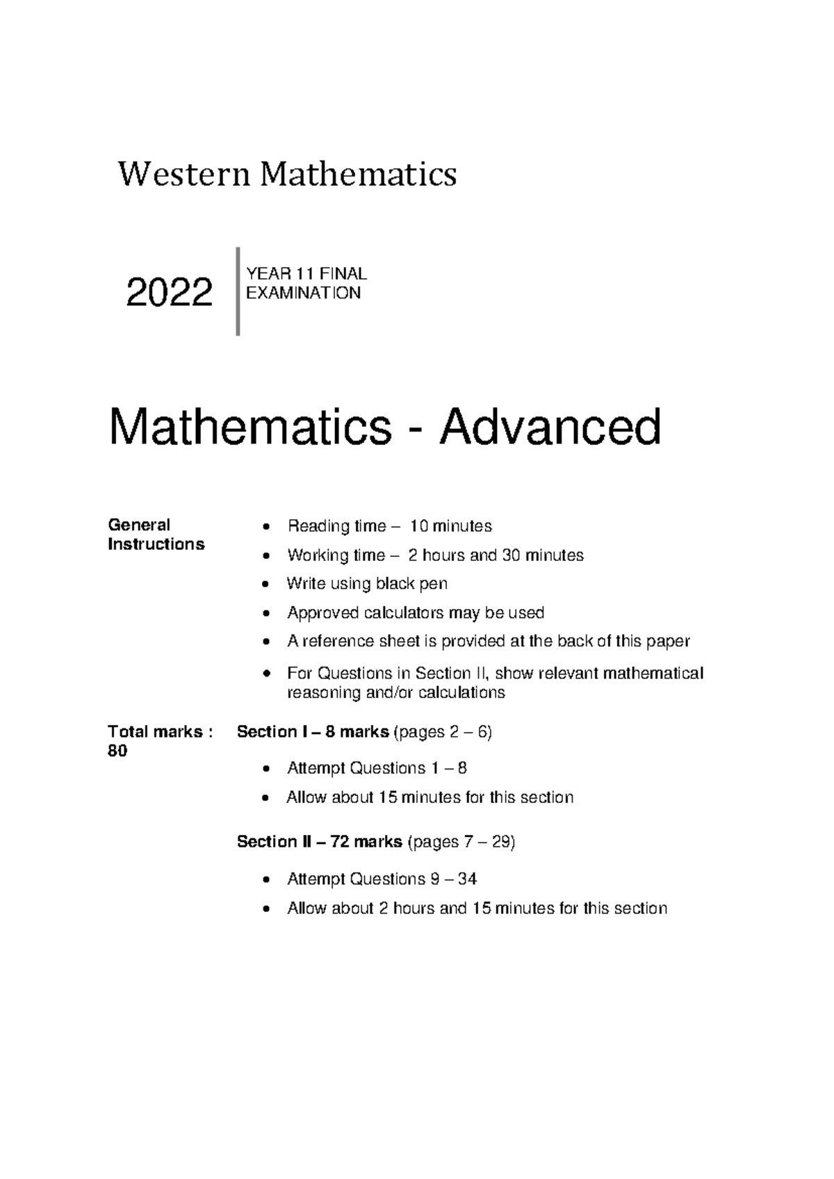 WME Advanced Mathematics 2022 Year 11 Final Exam - Studocu