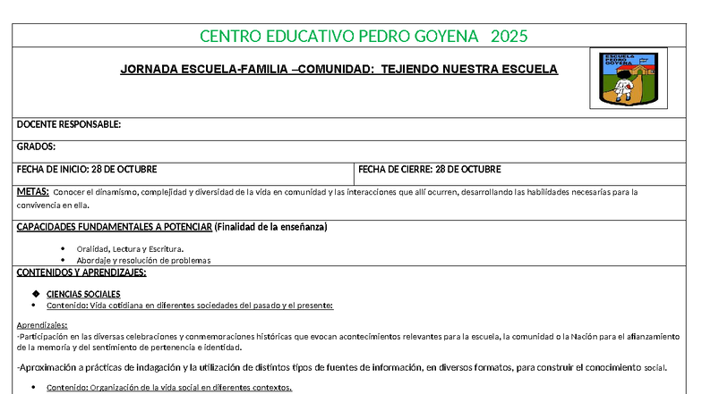Jornada Escuela Familia- Comunidad - CENTRO EDUCATIVO PEDRO GOYENA 2025 ...