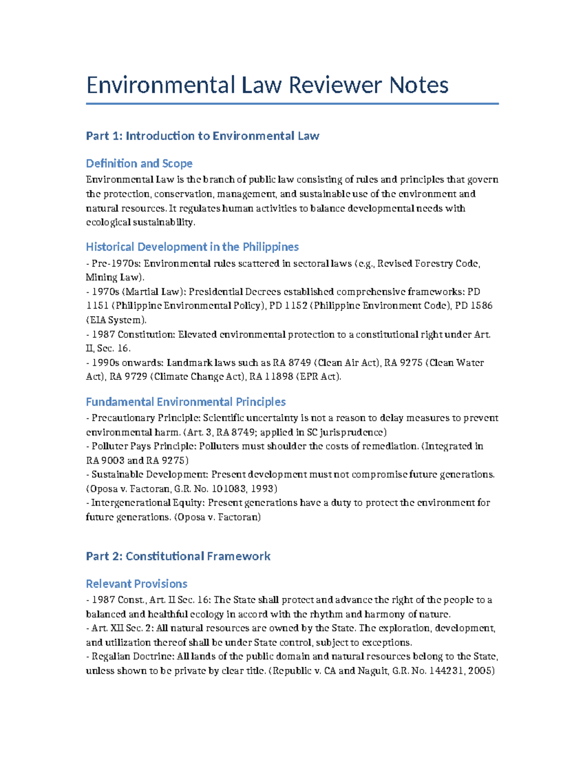 Environmental Law Notes Part 1: Intro, Principles & Framework - Studocu