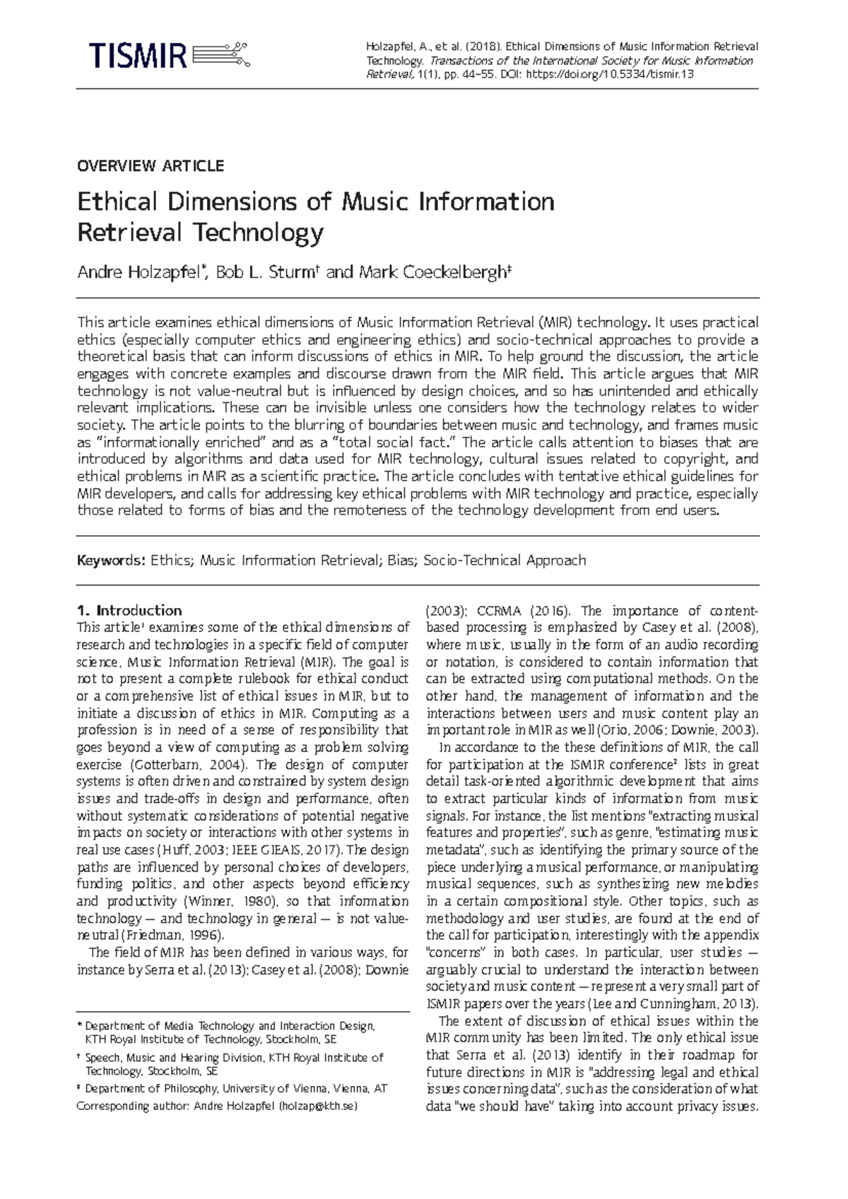 Ethical Dimensions of Music Information Retrieval - OVERVIEW ARTICLE ...