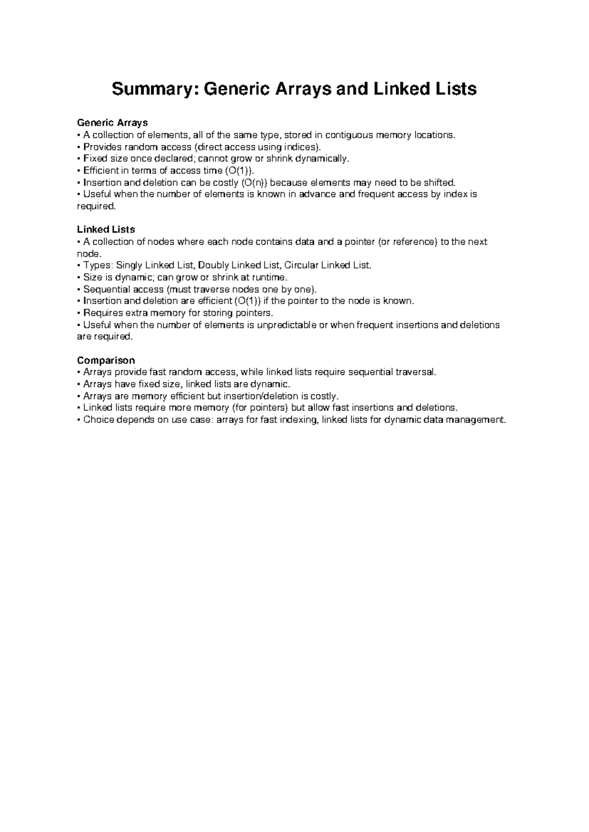 CS101: Summary of Generic Arrays and Linked Lists - Studocu