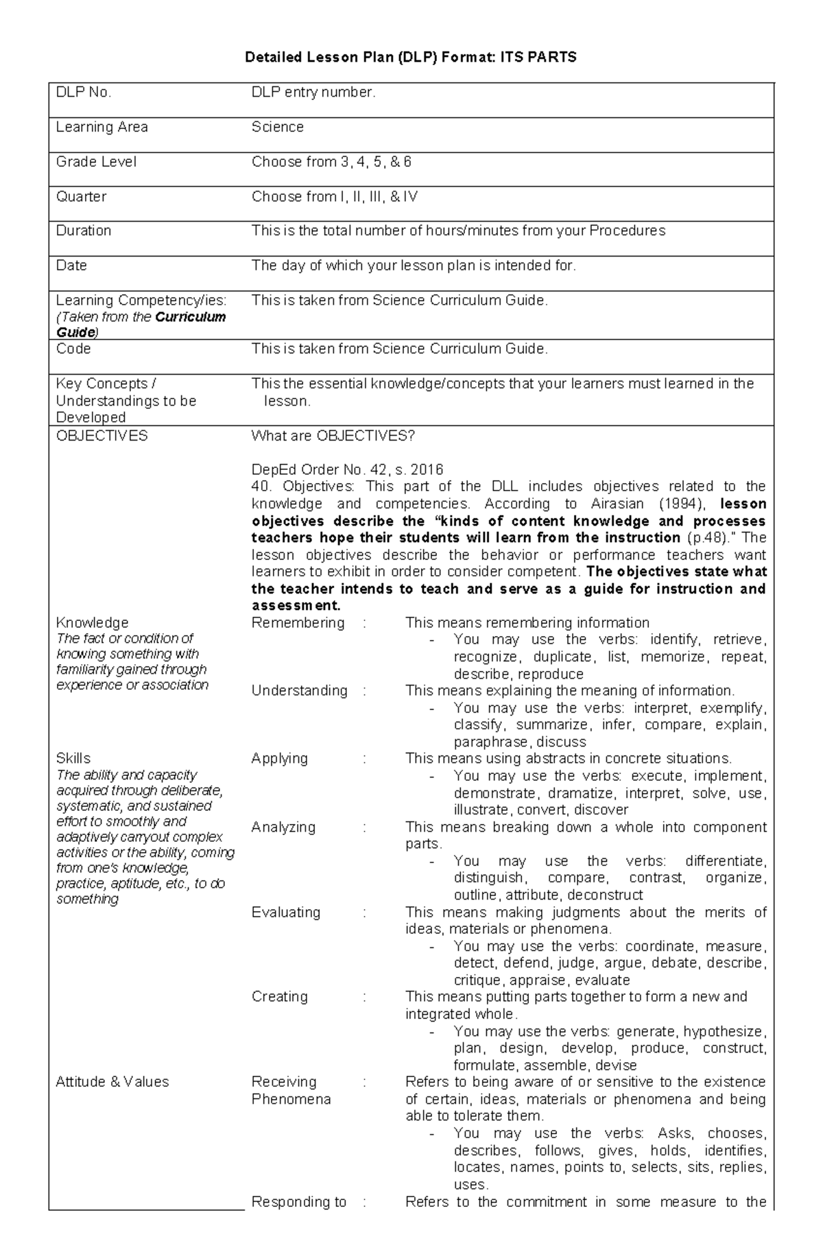 DLP-ITS: Science Lesson Plan Components for Grades 3-6 - Studocu