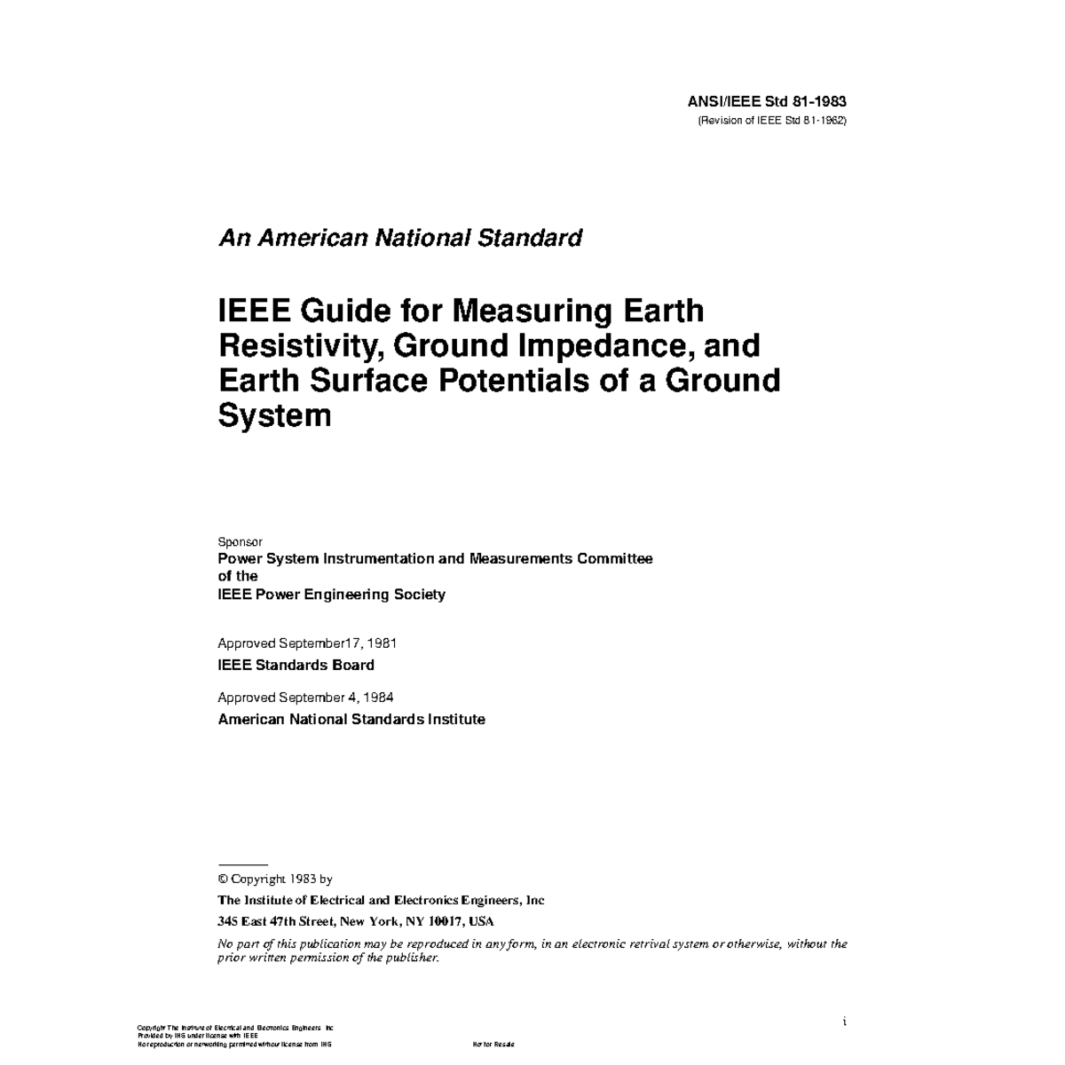 IEEE Std 81-1983 Guide: Measuring Earth Resistivity & Impedance - Studocu