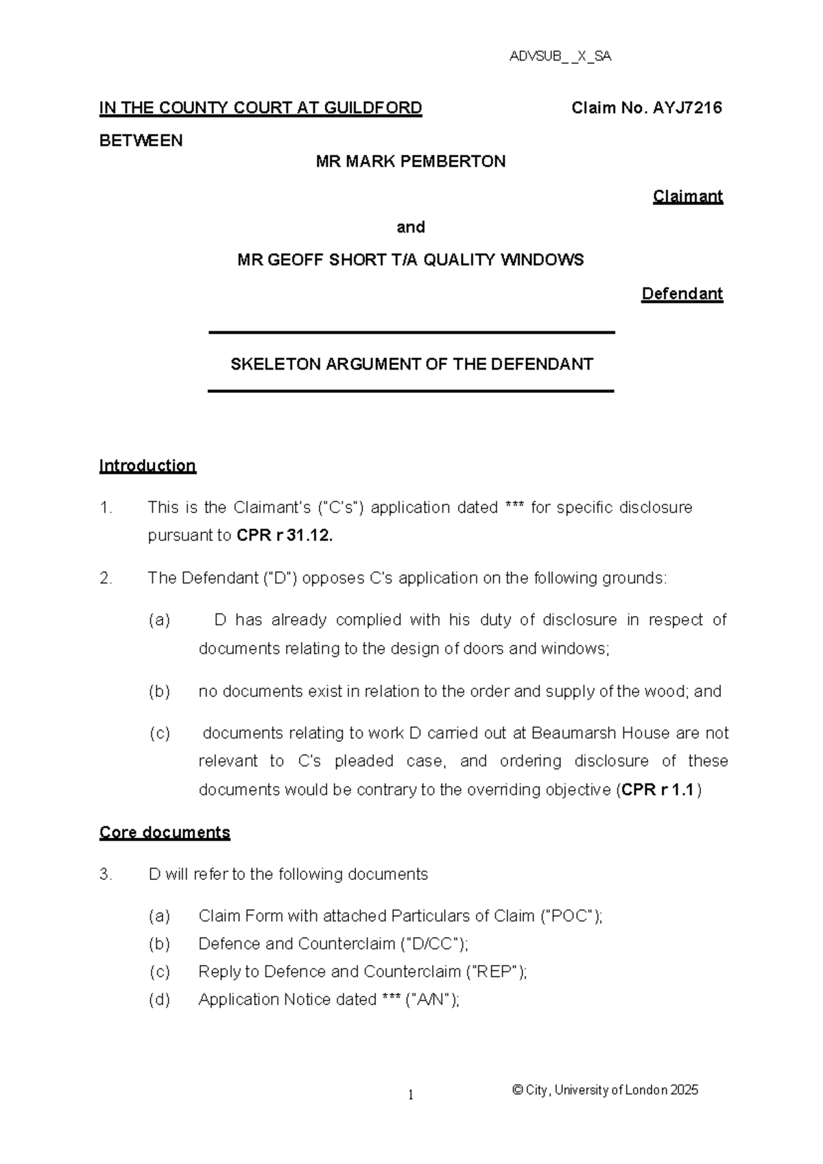 SGS 3 Pemb. Discl. D Skeleton - IN THE COUNTY COURT AT GUILDFORD Claim ...