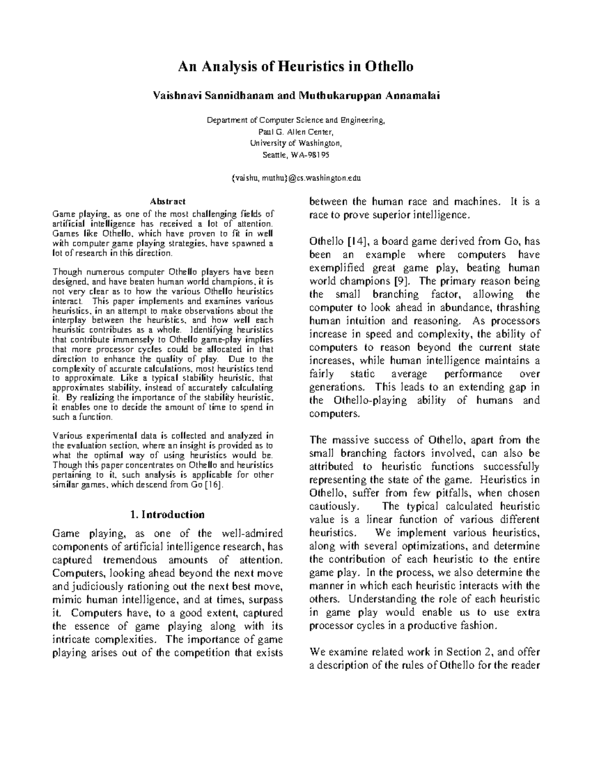 Final Paper - Heuristics Analysis in Othello Game (CS 101) - Studocu