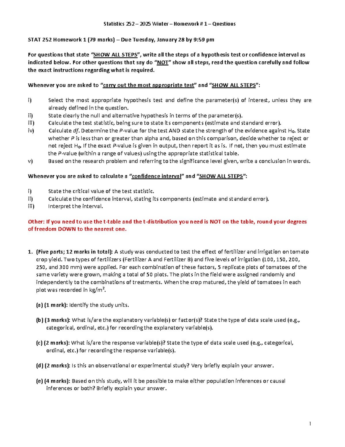 STAT 252 Winter 2025 - Homework 1 Questions and Guidelines - Studocu