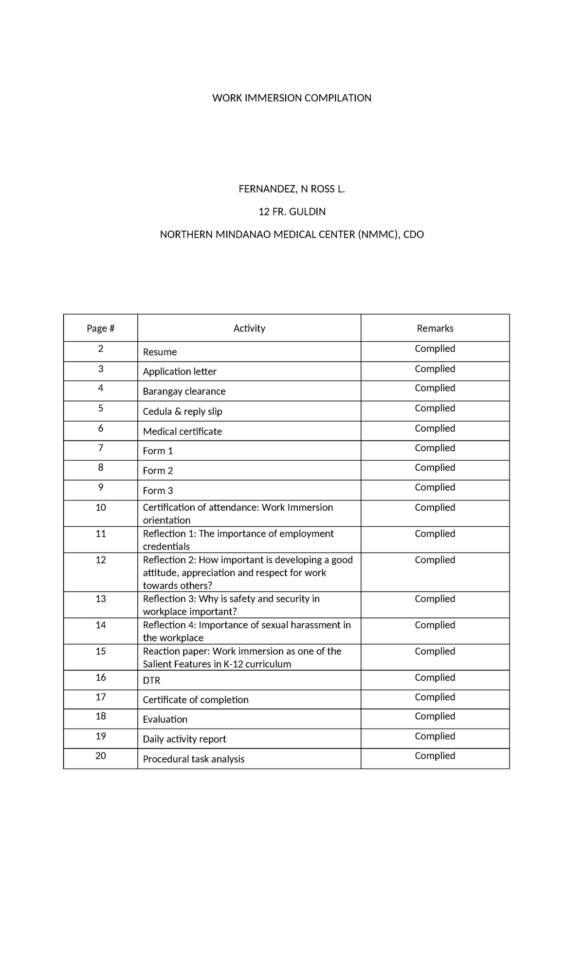 Work Immersion Compilation Report for 12 FR. GULDIN Students - Studocu