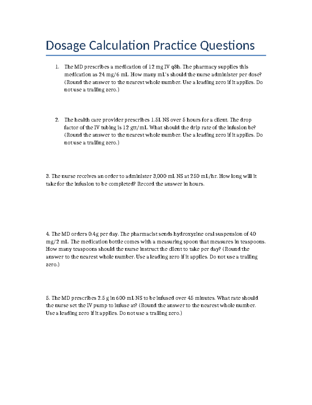 Dosage Calculation Practice Questions for Nursing (NUR 101) - Studocu