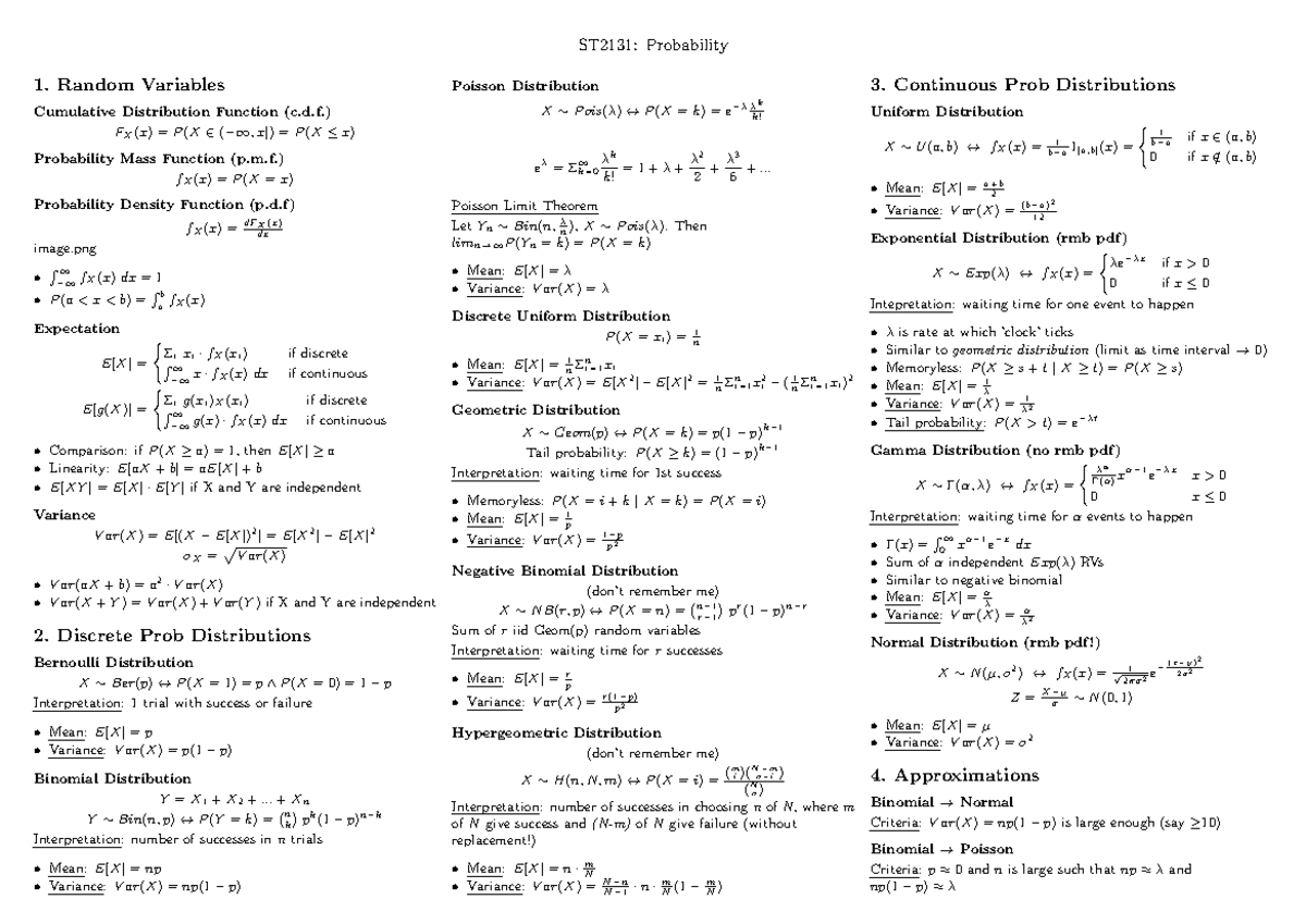 ST2131: Probability 1 - Comprehensive Cheatsheet on Random Variables ...