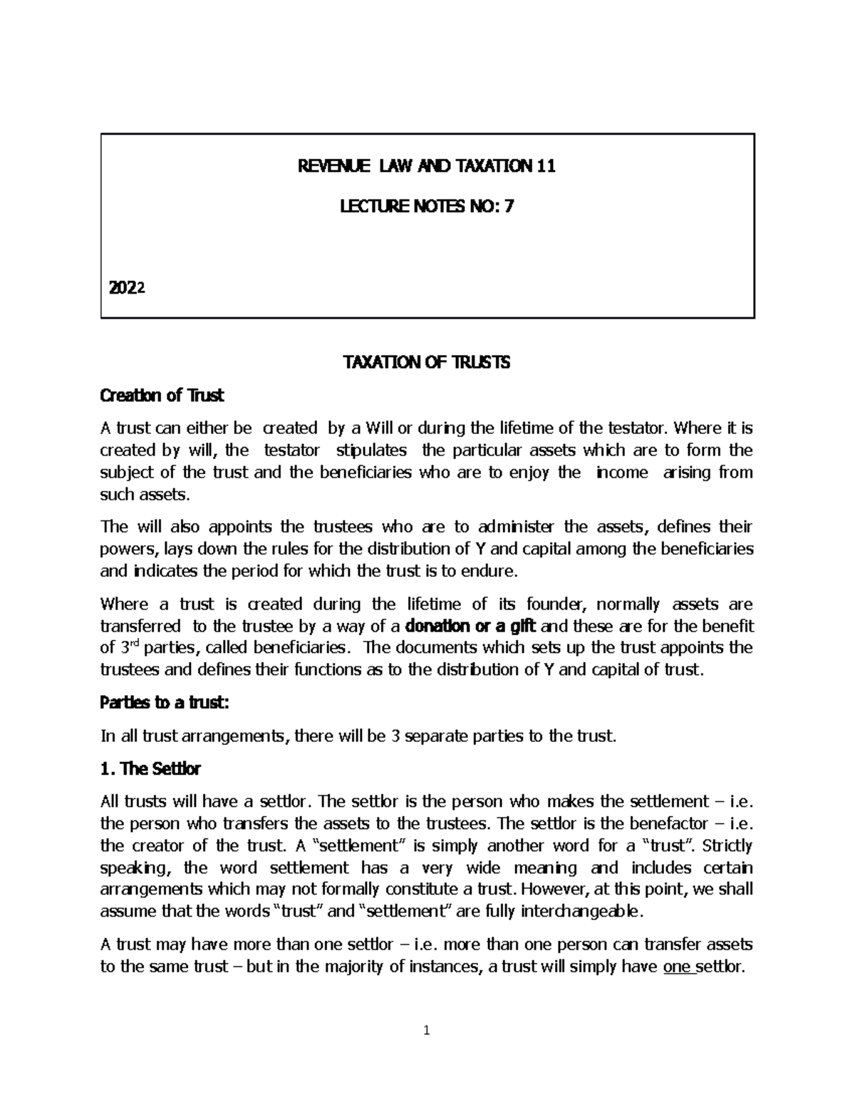 TAX 2 Lecture Notes NO.7 Taxation OF Trust-1 - REVENUE LAW AND TAXATION ...