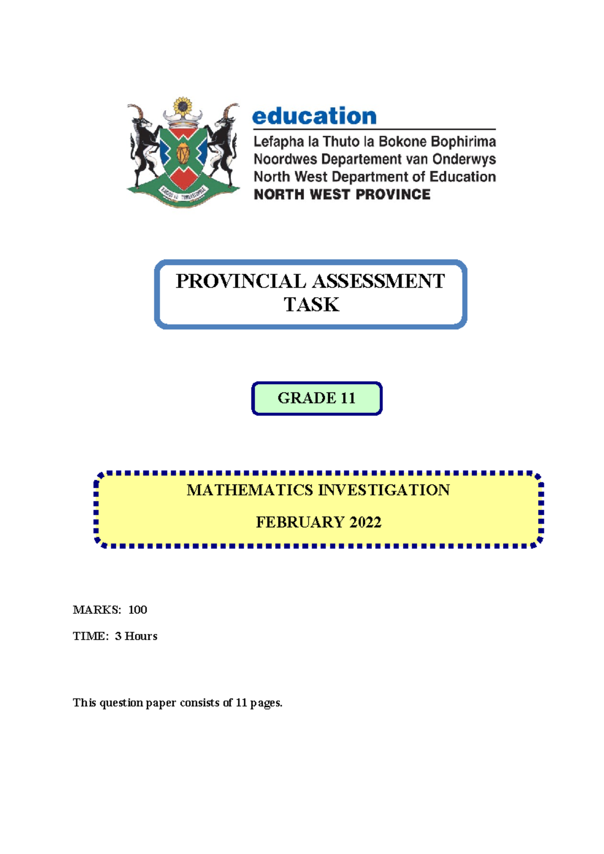 Grade 11 Mathematics Investigation: Provincial Assessment Task - Feb ...
