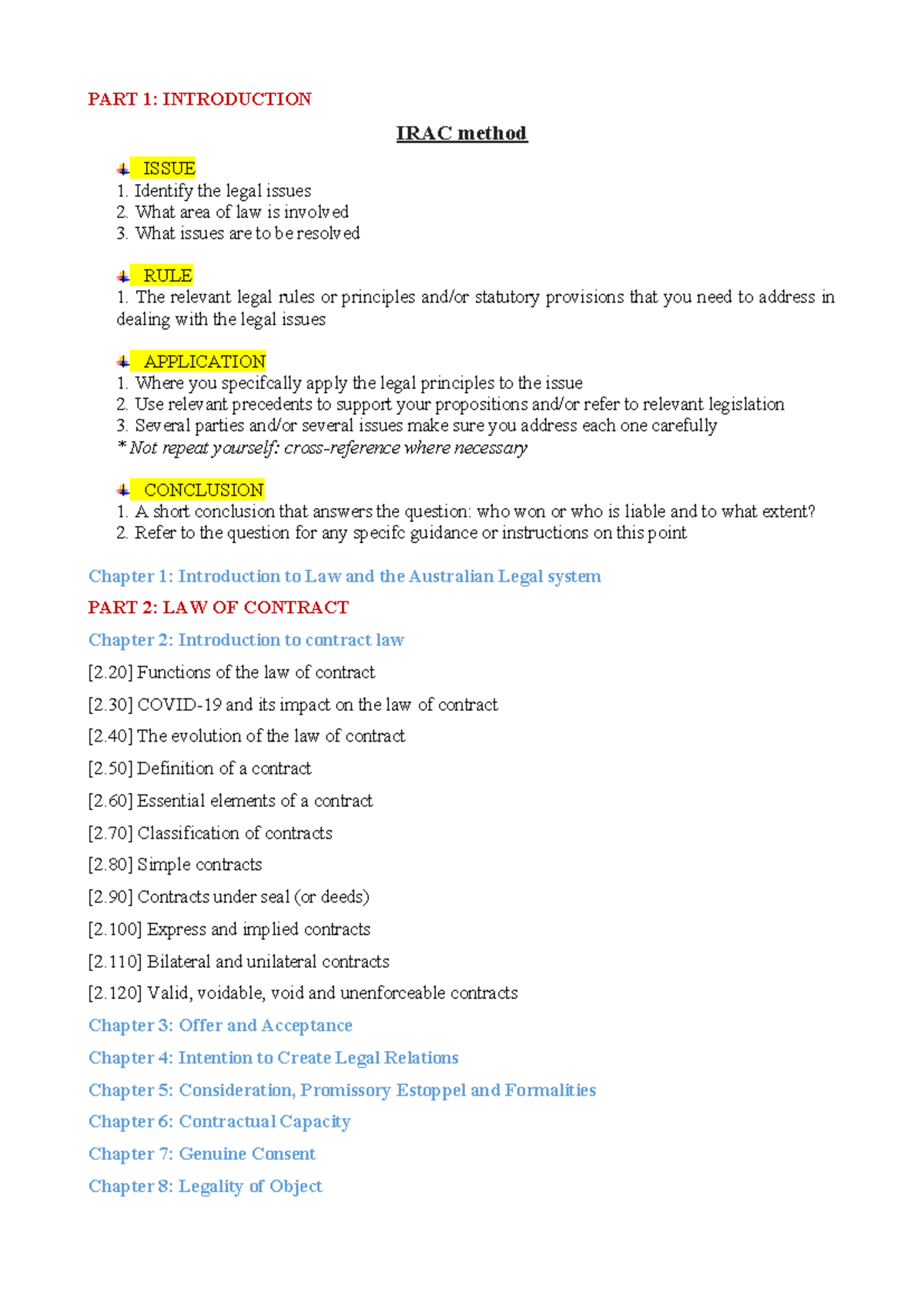 Final Exam Notes on Law (BL) - IRAC, Contract & Tort Law - Studocu